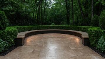Modern curved bench in a tranquil garden setting photo