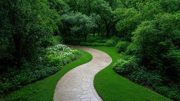 A winding stone path through a lush green garden photo