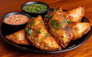 Delicious fried pastries served with three dipping sauces photo