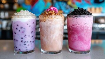 Three refreshing summer drinks with tapioca pearls and unique toppings photo