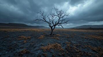 Lonely dead tree in a desolate landscape under a dramatic sky photo