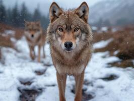 Two majestic wolves in a snowy forest photo