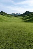 Rolling green hills and grazing cattle under a clear sky photo