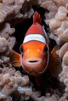 Close up of a vibrant orange clownfish peering from its anemone home photo