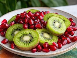 Close up of sliced kiwi fruit and pomegranate seeds on a plate. photo