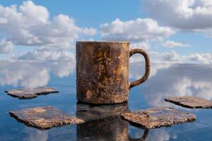 Rustic mug on a reflective surface with a cloudy sky background photo