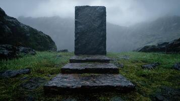 Stone steps leading to a large stone slab in a misty mountain landscape photo