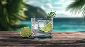 Refreshing gin and tonic with lime and rosemary on a tropical beach photo