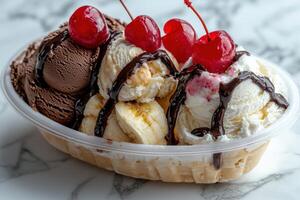 Banana split sundae with chocolate and vanilla ice cream, cherries and chocolate sauce photo