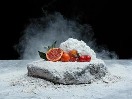 Smoky ricotta cheese with citrus fruits on a rock photo