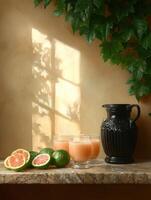 Three glasses of fresh grapefruit juice with sliced grapefruits and limes on a marble surface photo