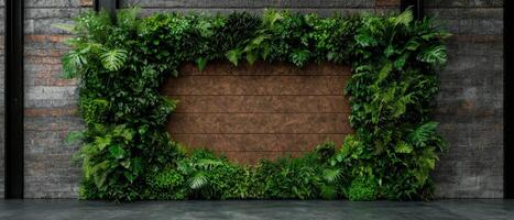 Modern living wall with wooden frame in industrial interior photo