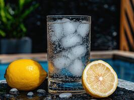 Refreshing sparkling water with ice and lemon slices photo