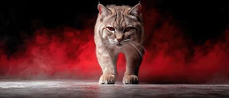 A bobcat with glowing red eyes walks towards the camera in a red smoky background photo