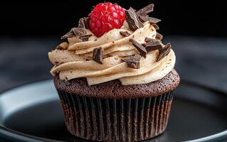 Chocolate cupcake with raspberry and chocolate shavings. photo