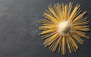 Dried pasta and grated cheese arranged in a sunburst pattern on a dark background photo
