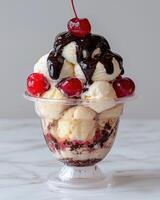 Delicious ice cream sundae with cherries and chocolate sauce photo