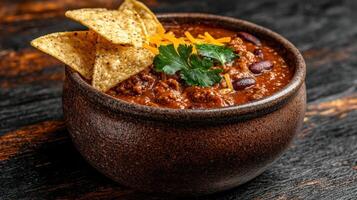 A hearty bowl of chili topped with shredded cheese and tortilla chips. photo