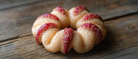 Close up of a delicious twisted donut with red icing photo