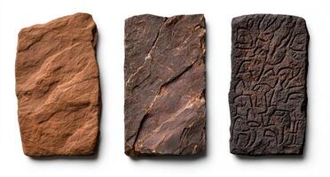 Three ancient stone tablets with different textures and markings photo