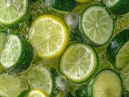 Close up of limes and lemons in sparkling water photo