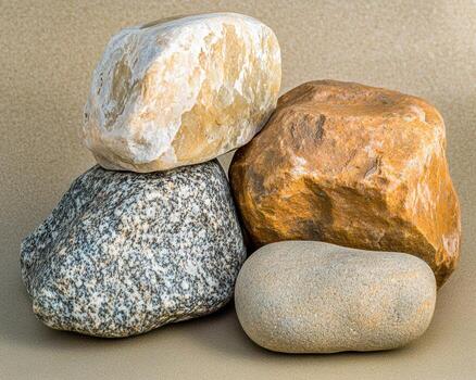cuatro suave piedras de diferente colores y texturas arreglado en un neutral antecedentes foto