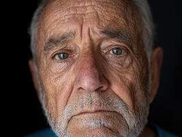 Close up portrait of a senior man with wrinkles and sadness in his eyes photo