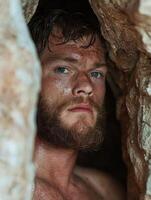 Man with beard hiding in cave photo