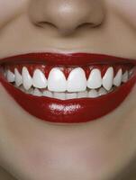 Close up of a womans smile with bright white teeth and red lipstick photo