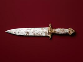 Antique dagger with ornate handle on a dark red background photo