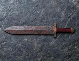 Rusty medieval sword on dark stone background photo