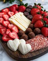 Valentines Day charcuterie board with strawberries, cheese, chocolate truffles, and salami photo