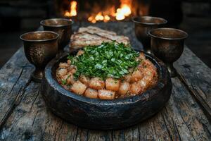 Hearty stew in rustic bowl, medieval feast photo