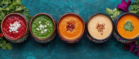 Five bowls of colorful dips arranged in a row photo