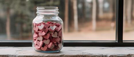 Mason jar filled with small paper hearts on window sill photo