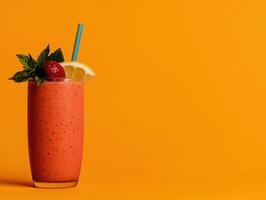 Refreshing strawberry smoothie in a tall glass with a straw photo