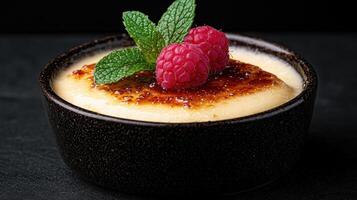 Close up of creamy creme brulee dessert with raspberries and mint. photo