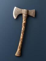Ornate double bit axe with intricate carvings on a dark background photo
