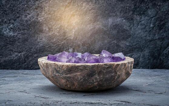 amatista cristales en un rústico cuenco foto