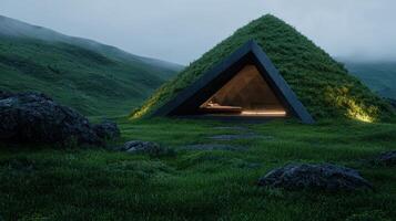 Futuristic triangular house nestled in a green mountain valley photo