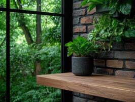 Modern home interior with a wooden shelf and lush green plants photo