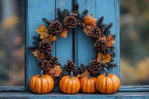 Autumn Harvest Wreath with Pine Cones and Pumpkins on Rustic Blue Background photo