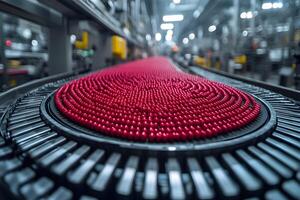 Automated Candy Production Line with Red Sweets in Factory Setting photo