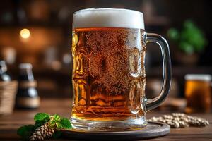 Refreshing Beer Mug on Wooden Table in Rustic Pub Setting photo