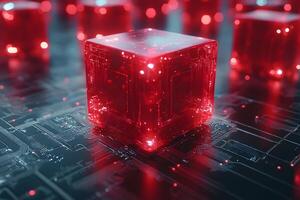 Futuristic Red Glowing Cube on Digital Circuit Board for Technology Concepts photo