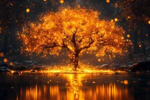 Mystical Tree with Glowing Leaves by a Tranquil Lake at Dusk photo