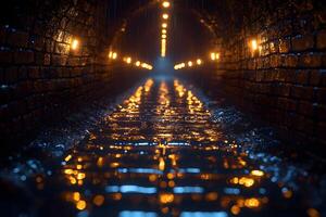Moody Underground Tunnel with Reflective Wet Brick Pathway Illuminated by Warm Lights photo