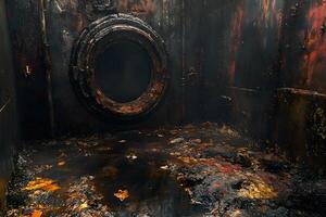 Mysterious Industrial Chamber with Rusty Portal and Weathered Surface for Atmospheric Design photo
