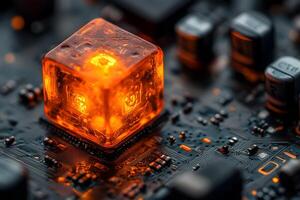 Glowing Cube on Circuit Board - Futuristic Technology and Innovation Concept photo