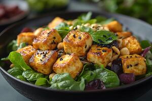 Healthy Vegan Tofu Salad with Fresh Greens and Nuts for a Nutritious Meal photo
